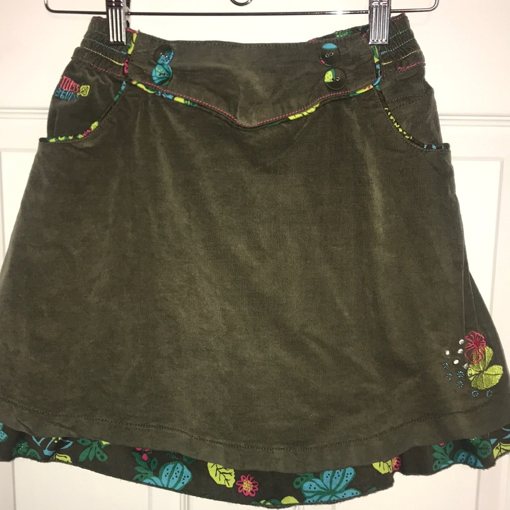 Girls Size8 Corduroy Skirt-Details: Embroidery, Fabric Buttons, Floral Underlay